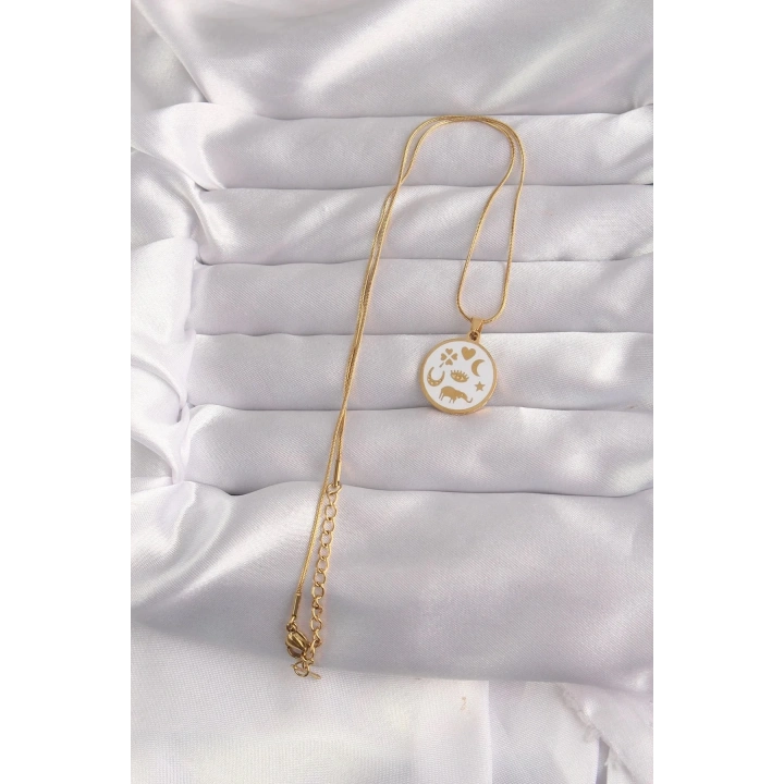 Mey İthalat® 316L Çelik Gold Renk Beyaz Mineli Karışık Figürlü Tarot Kolye