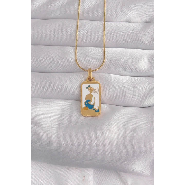 Mey İthalat® 316L Çelik Gold Renk Beyaz Mineli Kız Figür Tarot Kolye