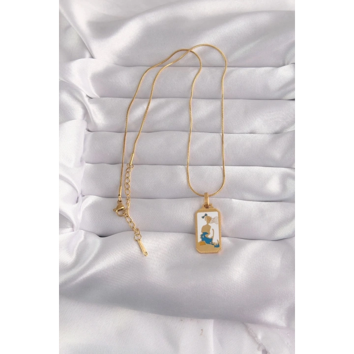Mey İthalat® 316L Çelik Gold Renk Beyaz Mineli Kız Figür Tarot Kolye