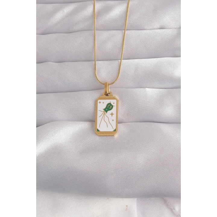 Mey İthalat® 316L Çelik Gold Renk Beyaz Mineli Tarot Kolye
