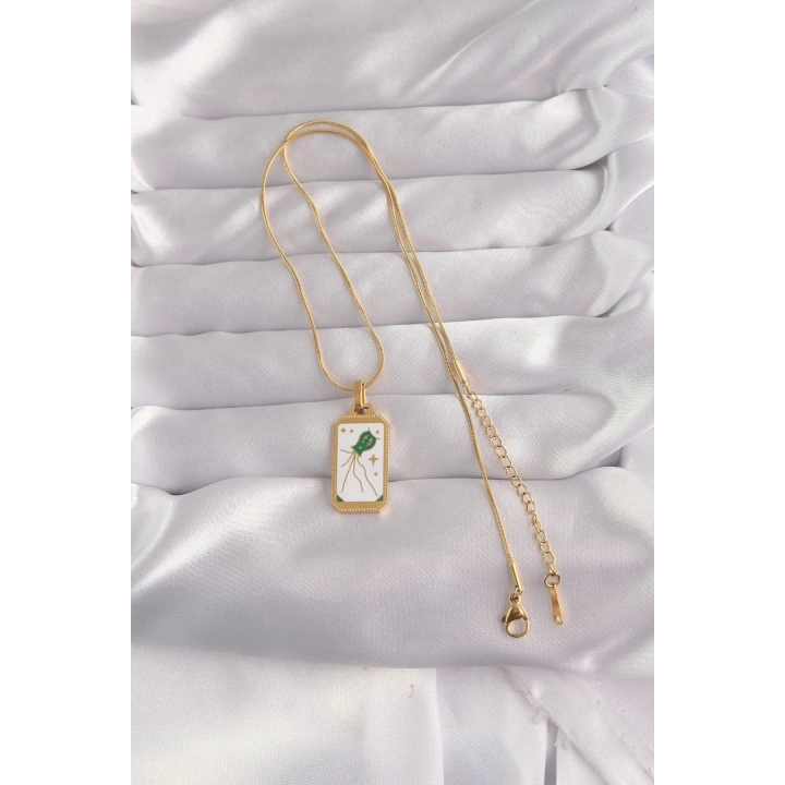 Mey İthalat® 316L Çelik Gold Renk Beyaz Mineli Tarot Kolye