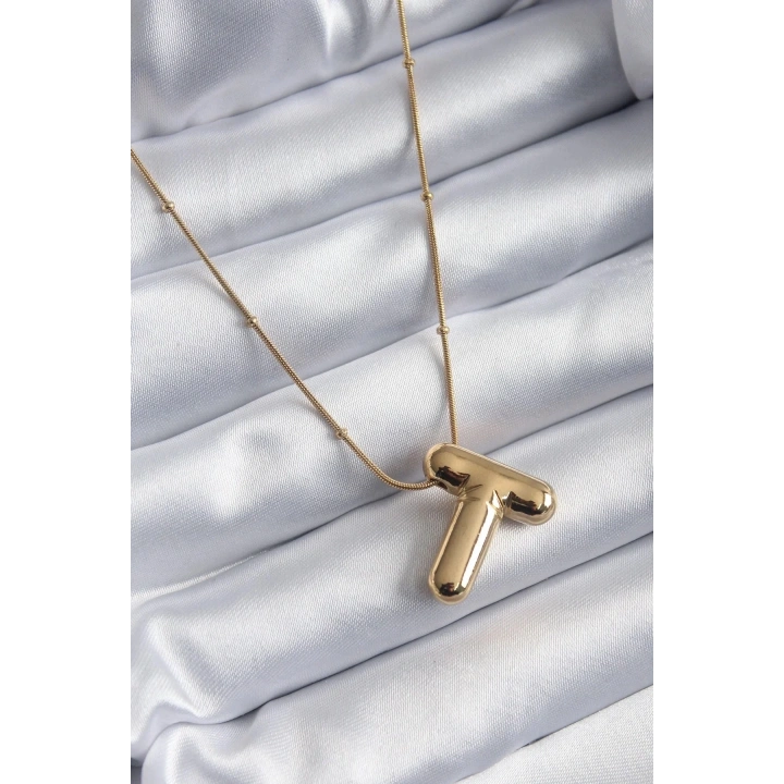 Mey İthalat® 316L Çelik Gold Renk Bubble T Harf Model Kadın Kolye