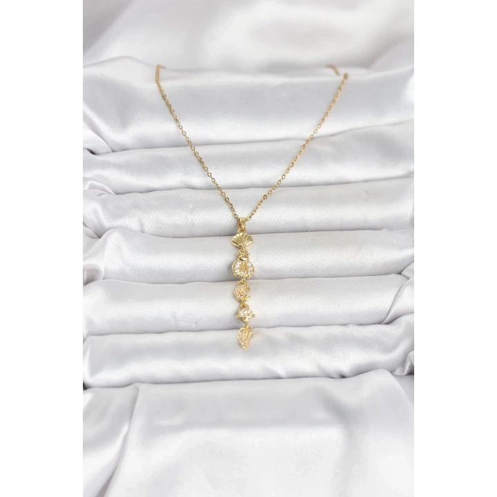 Mey İthalat® 316L Çelik Gold Renk Deniz Temalı Y Model Zirkon Taşlı Kadın Kolye