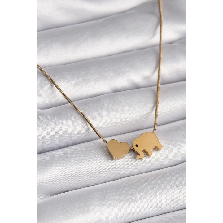 Mey İthalat® 316L Çelik Gold Renk Fil Kalp Figürlü Kadın Kolye