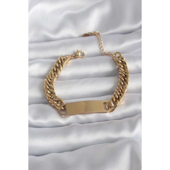 Mey İthalat® 316L Çelik Gold Renk İsim Yazılabilir Plaka Model Kadın Bileklik