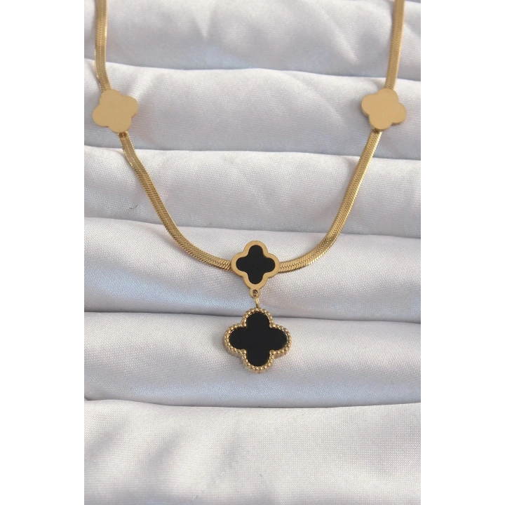 Mey İthalat® 316L Çelik Gold Renk İtalyan Zincirli Mineli Yonca Kolye