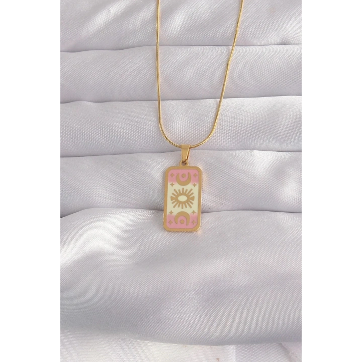 Mey İthalat® 316L Çelik Gold Renk Karışık Mineli Ay Figür Tarot Kolye