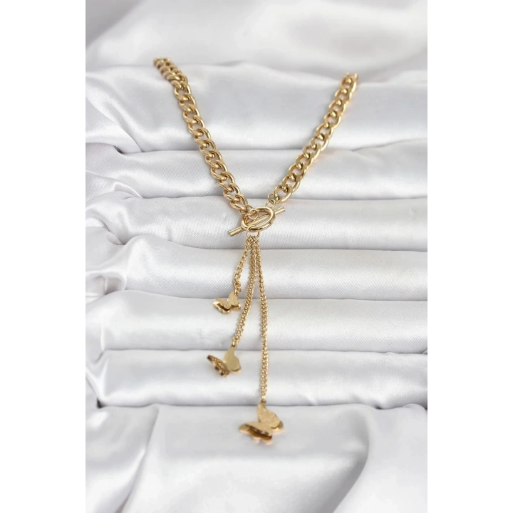 Mey İthalat® 316L Çelik Gold Renk Kelebek Sallantılı Kadın Kolye