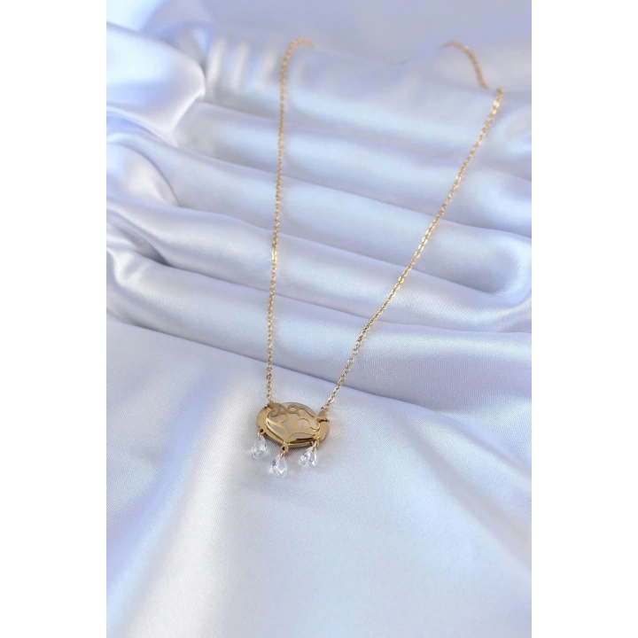 Mey İthalat® 316L Çelik Gold Renk Lotus Model Zirkon Taşlı Kadın Kolye