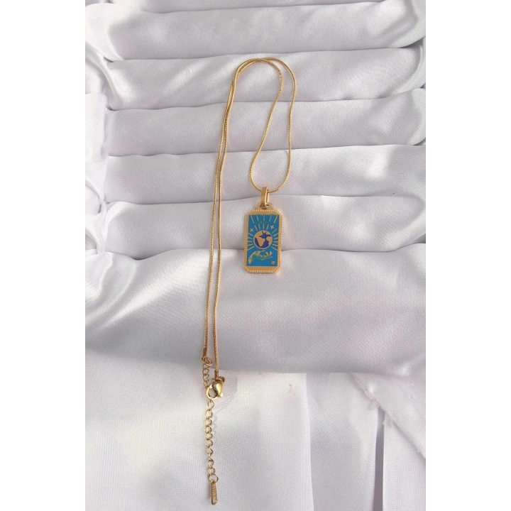 Mey İthalat® 316L Çelik Gold Renk Mavi Mineli El Figür Tarot Kolye