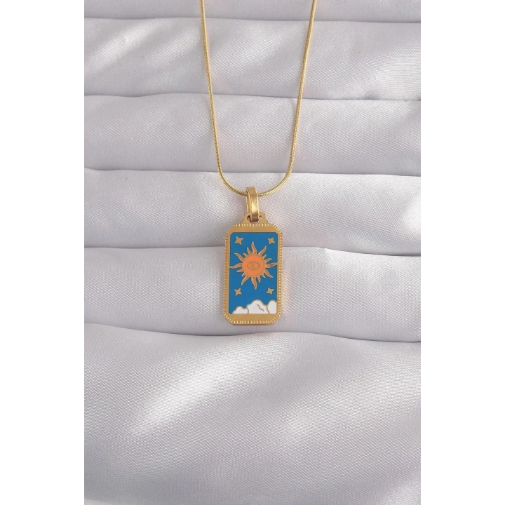 Mey İthalat® 316L Çelik Gold Renk Mavi Mineli Güneş Model Tarot Kolye