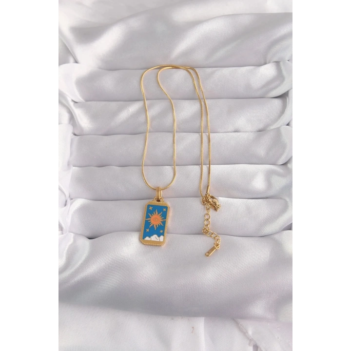 Mey İthalat® 316L Çelik Gold Renk Mavi Mineli Güneş Model Tarot Kolye