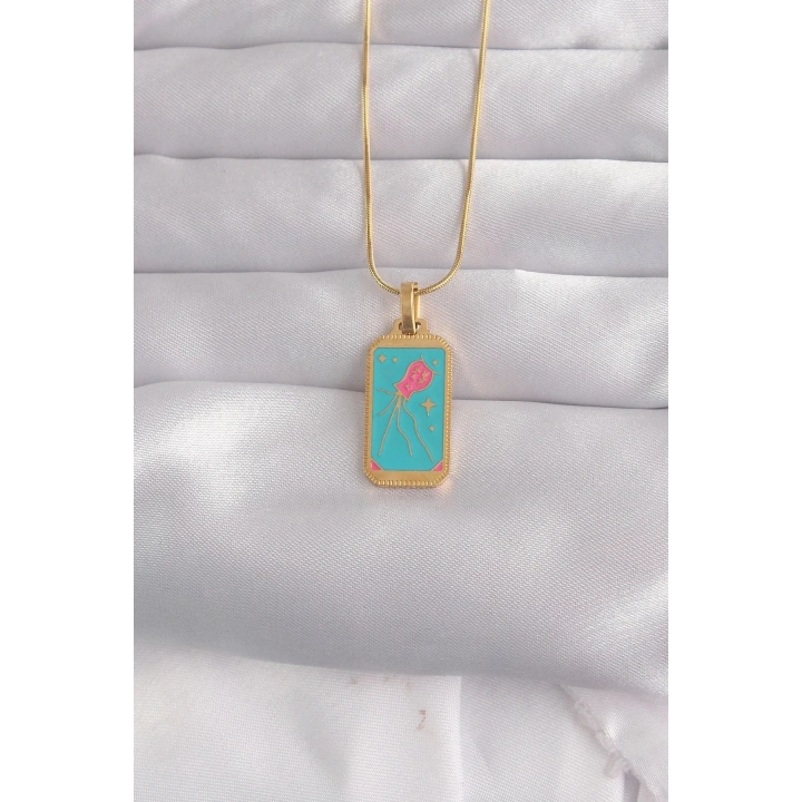 Mey İthalat® 316L Çelik Gold Renk Mavi Mineli Tarot Kolye