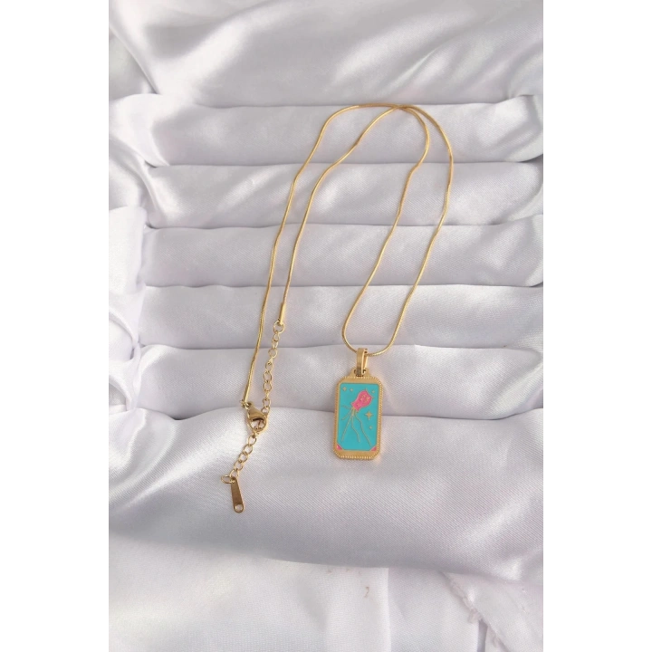 Mey İthalat® 316L Çelik Gold Renk Mavi Mineli Tarot Kolye