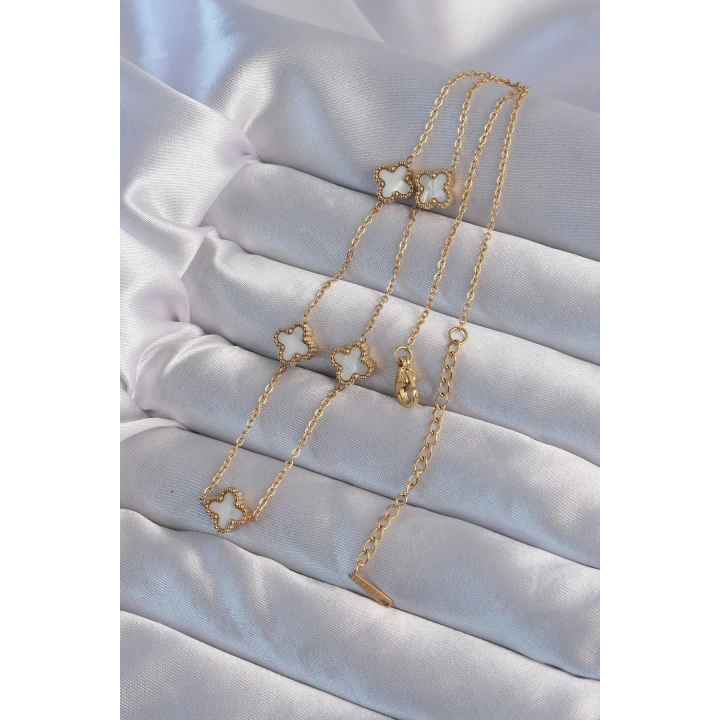 Mey İthalat® 316L Çelik Gold Renk Minimal Beyaz Sedefli Yonca Kolye
