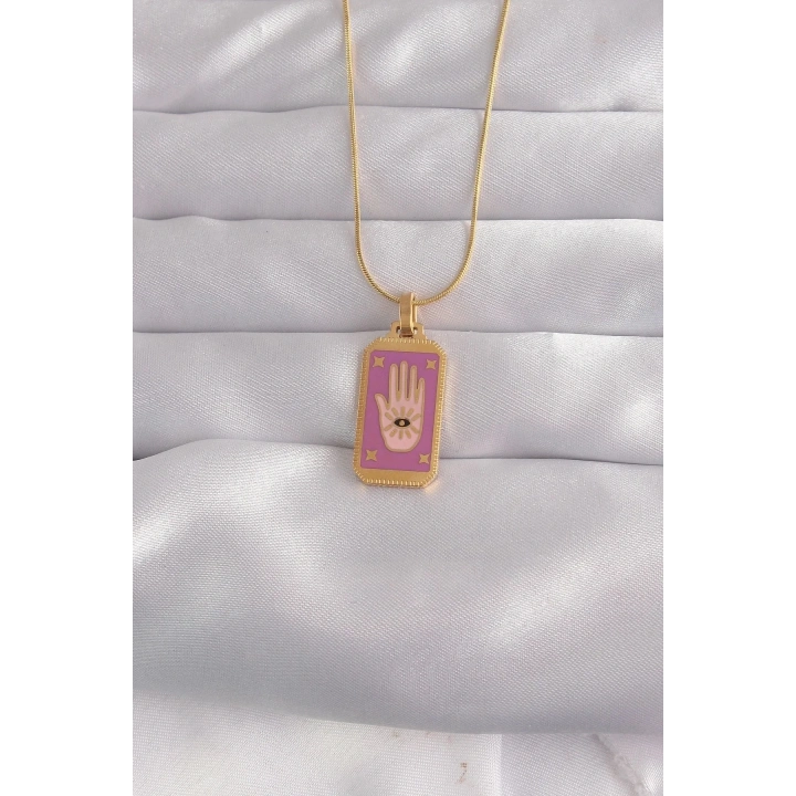 Mey İthalat® 316L Çelik Gold Renk Mor Mineli El Figür Tarot Kolye