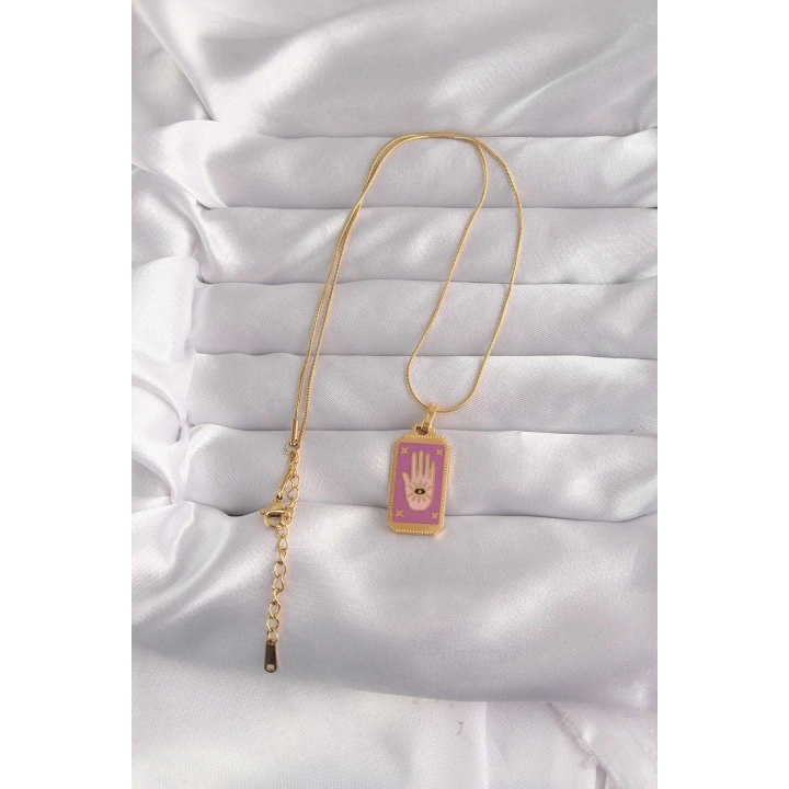 Mey İthalat® 316L Çelik Gold Renk Mor Mineli El Figür Tarot Kolye