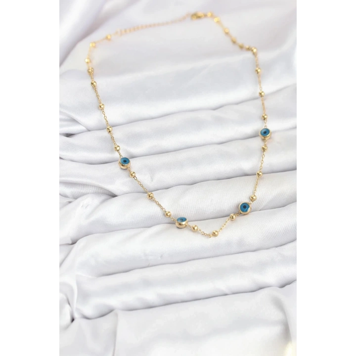 Mey İthalat® 316L Çelik Gold Renk Nazarlı ve Topçuklu Model Kadın Kolye
