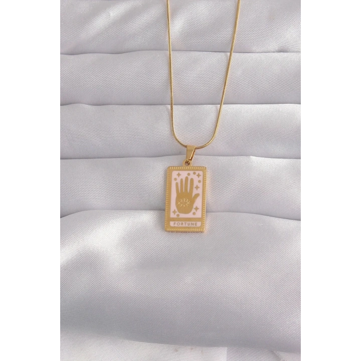 Mey İthalat® 316L Çelik Gold Renk Pembe Mineli El Figür Tarot Kolye