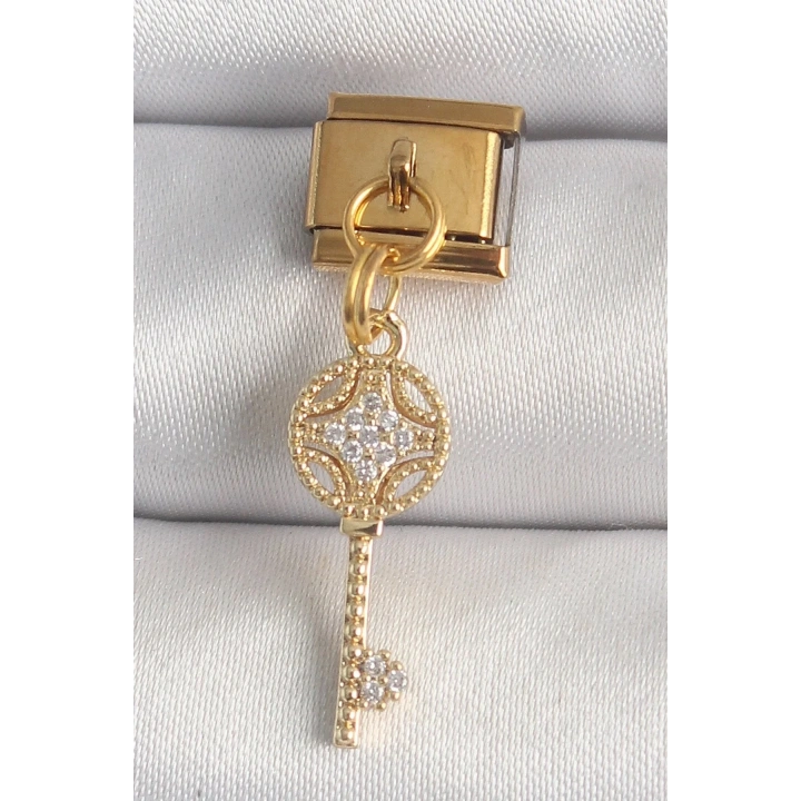Mey İthalat® 316L Çelik Gold Renk Sallantı Zirkon Taşlı Anahtar Model Nomination Charm