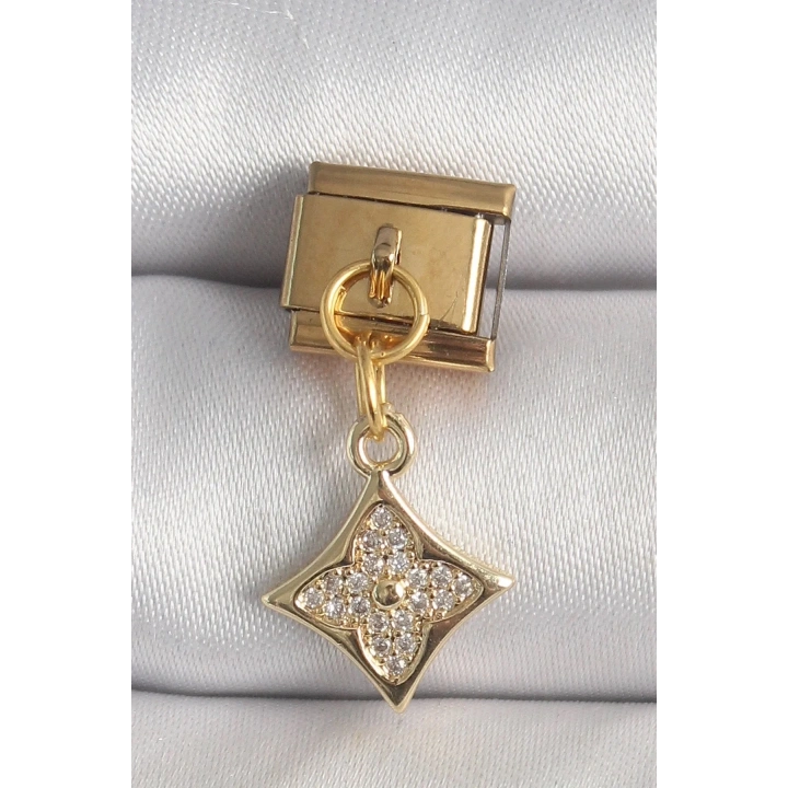 Mey İthalat® 316L Çelik Gold Renk Sallantı Zirkon Taşlı Çiçek İşlemeli Nomination Charm