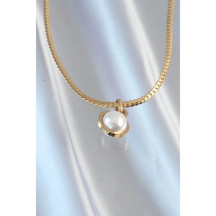 Mey İthalat® 316L Çelik Gold Renk Yassı Zincir İnci Taşlı Kolye
