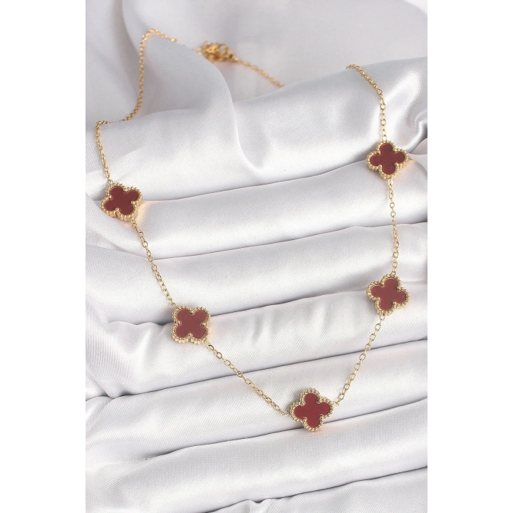 Mey İthalat® 316L Çelik Gold Renk Zincir Bordo Yonca Model Kadın Kolye