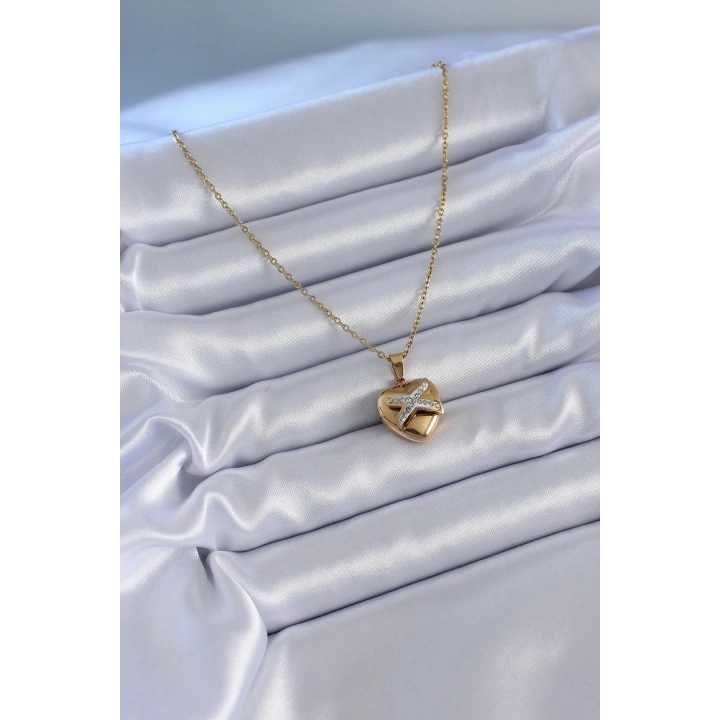 Mey İthalat® 316L Çelik Gold Renk Zirkon Detay Kalp Model Kadın Kolye