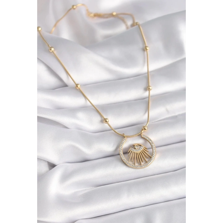 Mey İthalat® 316L Çelik Gold Renk Zirkon Taşlı Göz Model Kadın Kolye