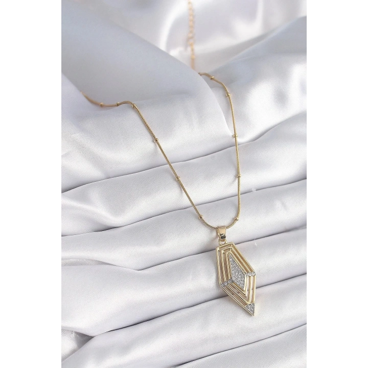 Mey İthalat® 316L Çelik Gold Renk Zirkon Taşlı Vintage Model Kadın Kolye