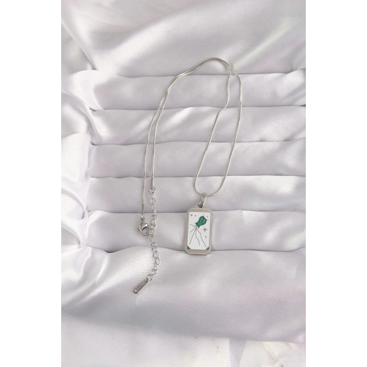 Mey İthalat® 316L Çelik Gümüş Renk Beyaz Mineli Tarot Kolye