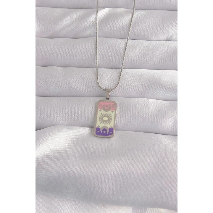 Mey İthalat® 316L Çelik Gümüş Renk Karışık Mineli Ay Figür Tarot Kolye