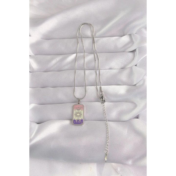 Mey İthalat® 316L Çelik Gümüş Renk Karışık Mineli Ay Figür Tarot Kolye