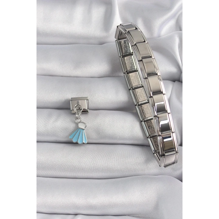 Mey İthalat® 316L Çelik Gümüş Renk Mavi Renk Sallantı Elbise Model Nomination Charm