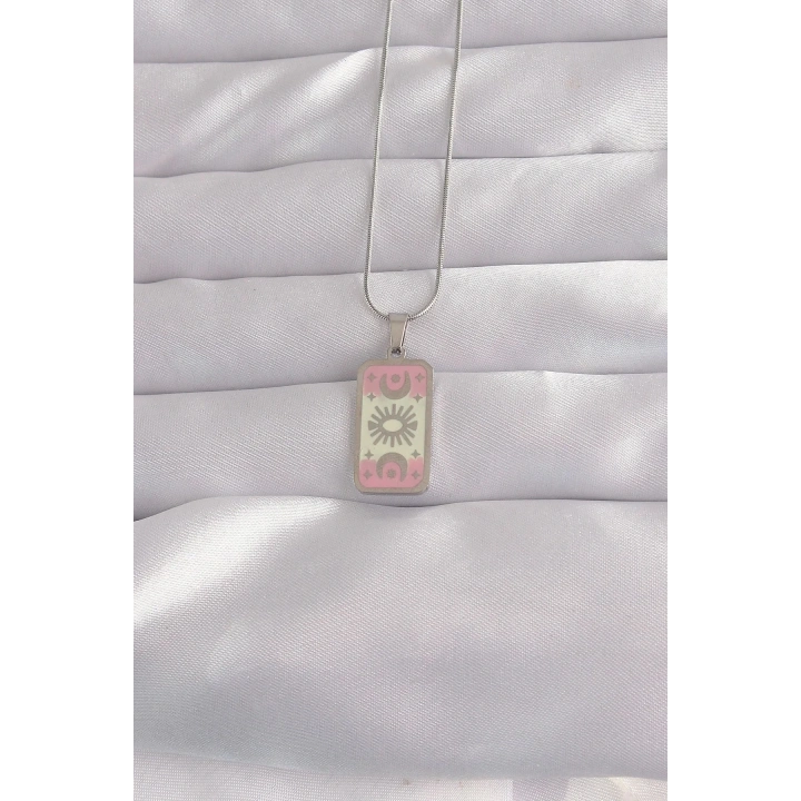 Mey İthalat® 316L Çelik Gümüş Renk Pembe Mineli Ay Figür Tarot Kolye