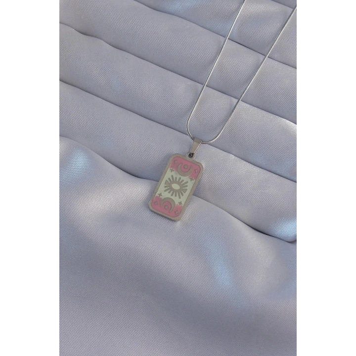 Mey İthalat® 316L Çelik Gümüş Renk Pembe Mineli Ay Figür Tarot Kolye