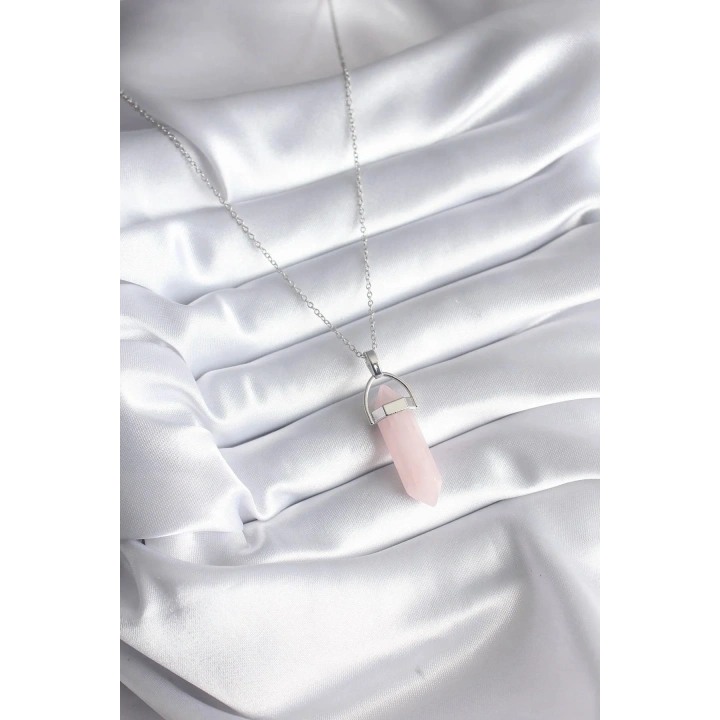 Mey İthalat® 316L Çelik Gümüş Renk Pembe Taşlı Kadın Kolye