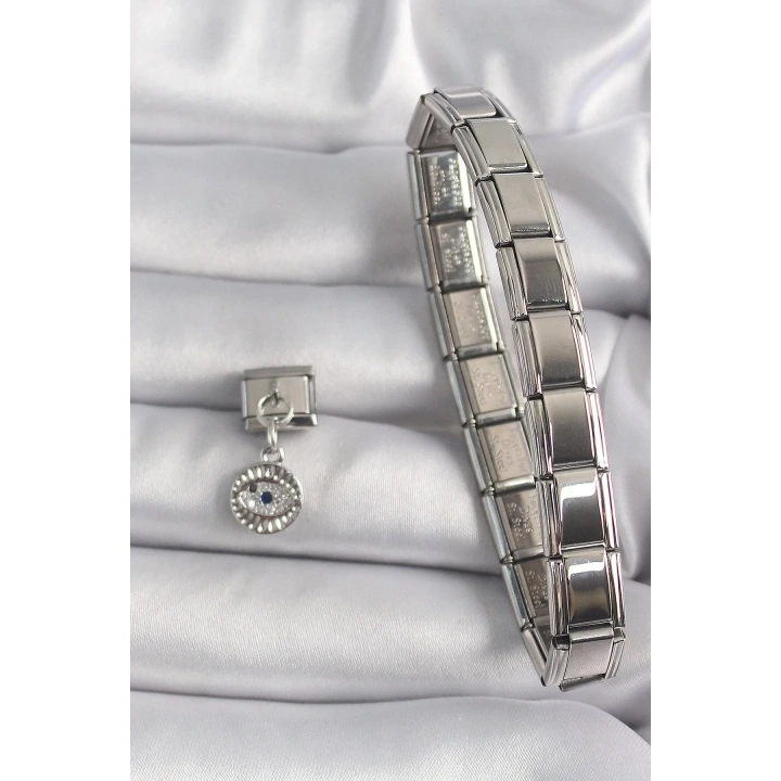 Mey İthalat® 316L Çelik Gümüş Renk Sallantı Zirkon Taşlı Göz Model Nomination Charm