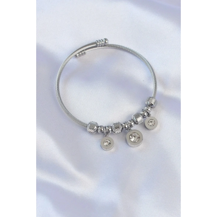 Mey İthalat® 316L Çelik Gümüş Renk Zirkon Taşlı Model Charm Bileklik