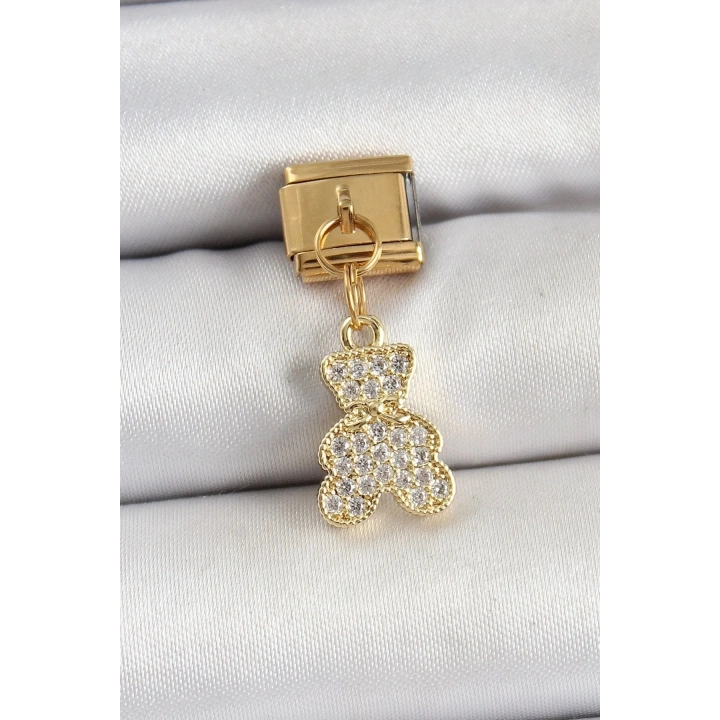 Mey İthalat® 316L Çelik Sallantılı Zirkon Taşlı Ayıcık Model Gold Renk Nomination Charm