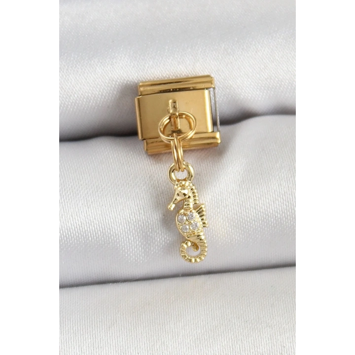 Mey İthalat® 316L Çelik Sallantılı Zirkon Taşlı Çiçek Model Gold Renk Nomination Charm
