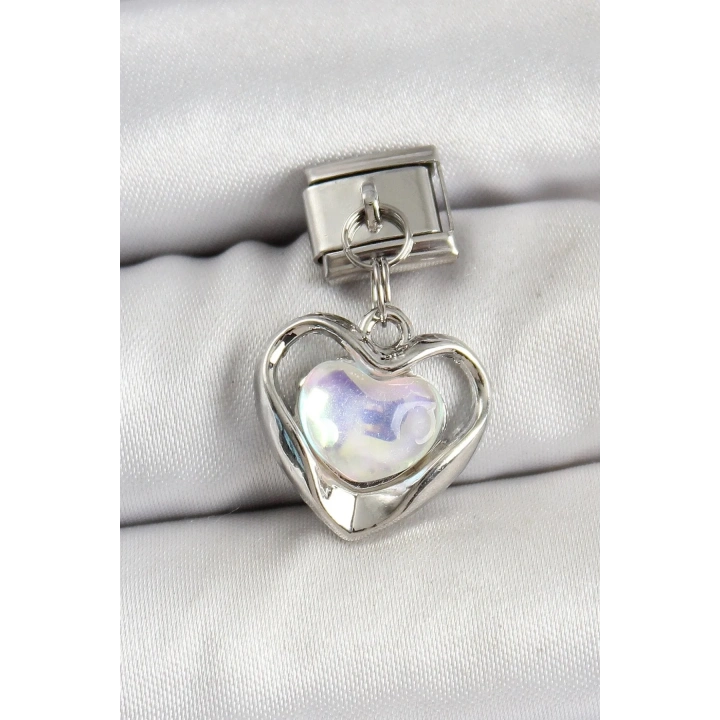 Mey İthalat® 316L Çelik Sallantılı Zirkon Taşlı Kalp Model Gümüş Renk Nomination Charm