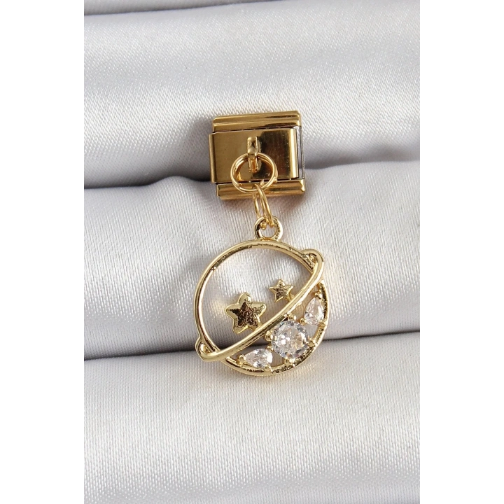 Mey İthalat® 316L Çelik Sallantılı Zirkon Taşlı Satürn Model Gold Renk Nomination Charm