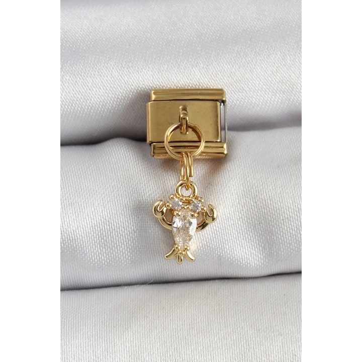 Mey İthalat® 316L Çelik Sallantılı Zirkon Taşlı Yengeç Model Gold Renk Nomination Charm