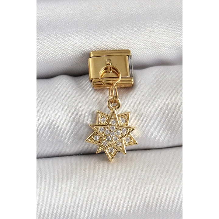 Mey İthalat® 316L Çelik Sallantılı Zirkon Taşlı Yıldız Model Gold Renk Nomination Charm
