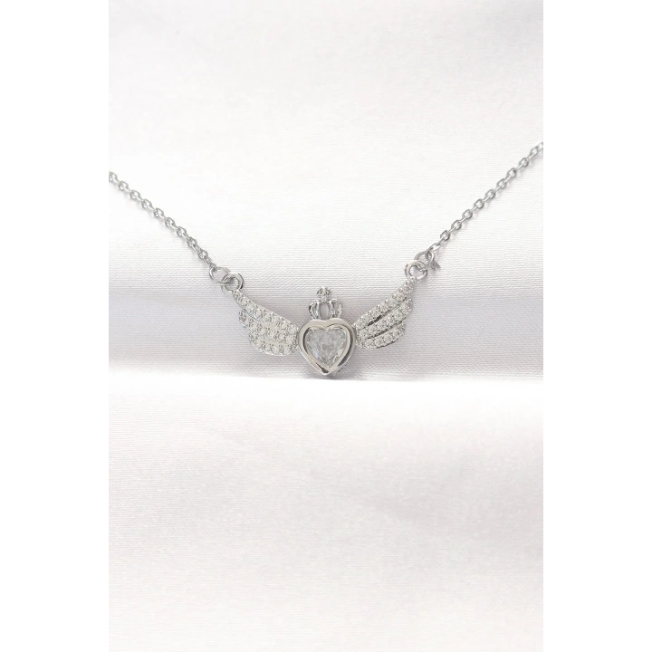 Mey İthalat® 316L Çelik Silver Renk Zirkon Taşlı Kalpli Kanat Kolye