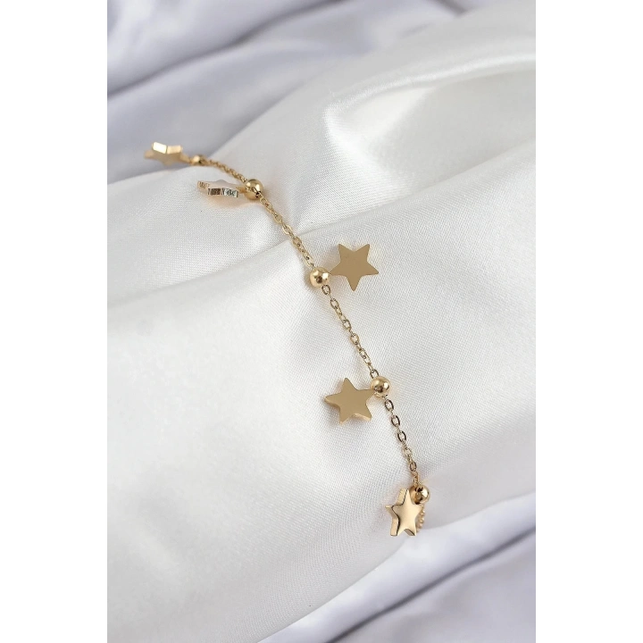 Mey İthalat® 316L Çelik Sıralı Yıldız Model Gold Renk Kadın Bileklik