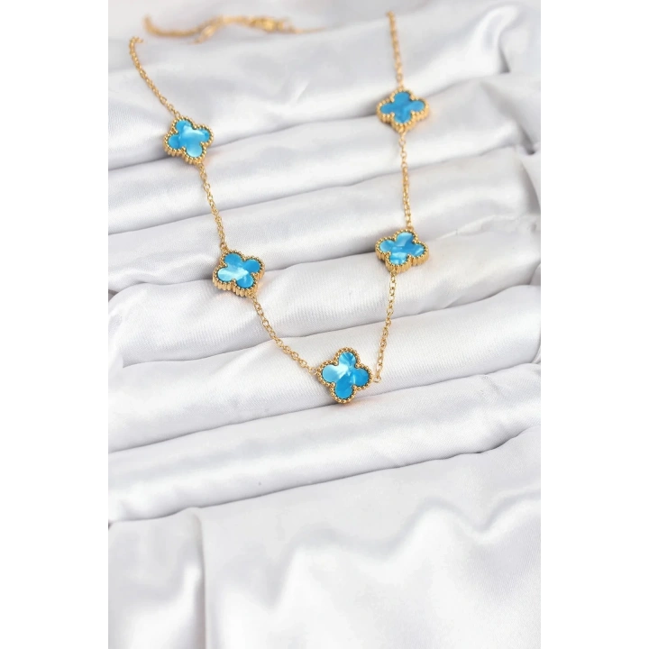 Mey İthalat® 316L Çelik Zincir Gold Buz Mavisi Renk Yonca Kolye