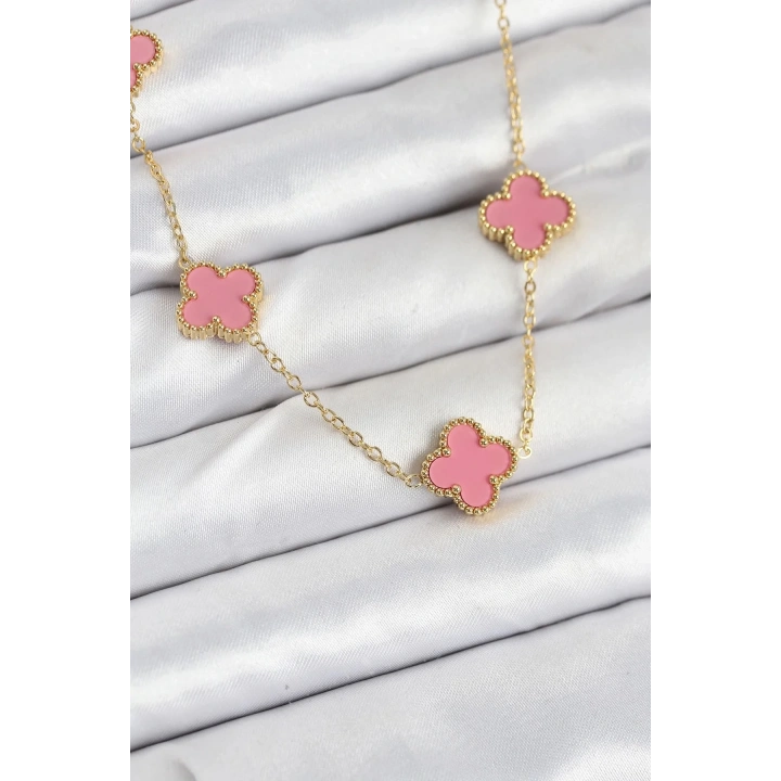 Mey İthalat® 316L Çelik Zincir Gold Pembe Renk Yonca Kadın Kolye