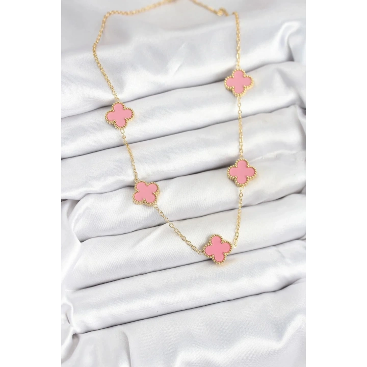 Mey İthalat® 316L Çelik Zincir Gold Pembe Renk Yonca Kadın Kolye